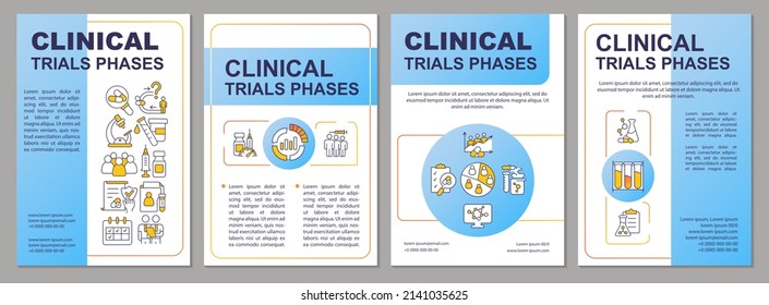 Phases of clinical trials blue brochure template. Healthcare tests. Leaflet design with linear icons. 4 vector layouts for presentation, annual reports. Arial, Myriad Pro-Regular fonts used