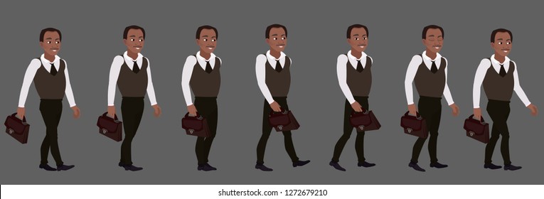 Phases  of the gait of a young African American worker or boss. Walk of male character