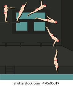 Phases of a man jumping from a dive board into the water