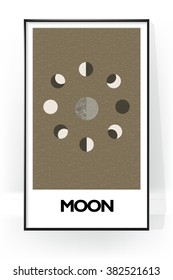 Phases of the moon. Abstract poster. Scandinavian style. Golden paper background. Hand drawn ink textures. Stock vector.