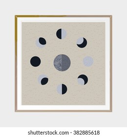 Phases of the moon. Abstract poster. Wooden square thin frame. Scandinavian style. Hand drawn ink textures. Stock vector.
