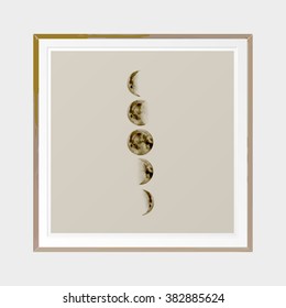 Phases of the moon. Abstract poster. Wooden square thin frame. Scandinavian style. Hand drawn ink textures. Stock vector.
