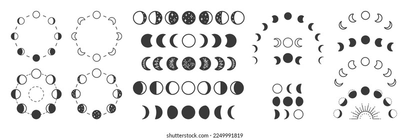 Fases de la luna, ilustración boho de la luna. Fases lunares, clíparte vectorial de ciclos. Luna nueva, luna llena, media luna menguante, primer y último trimestre