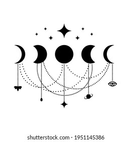 Fases de la luna estilo boho con estrellas y pendantes. Alquimia sagrada de geometría esotérica. Ilustración de vectores monocromo aislada en fondo blanco