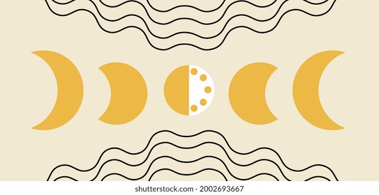 Phases of the moon concept. Abstract poster with the moon in various phases of the cycle. Abstract lines in the form of waves. Month, crescent. and a full moon. Minimalistic flat vector illustration