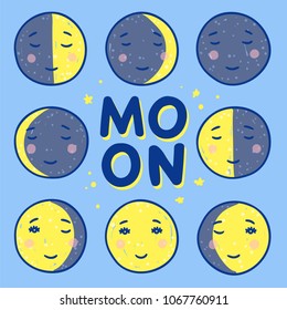 Phases of the moon cute illustrations. Hand drawn night moon faces with stars