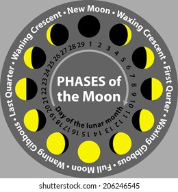 Phases of the Moon with days of lunar month