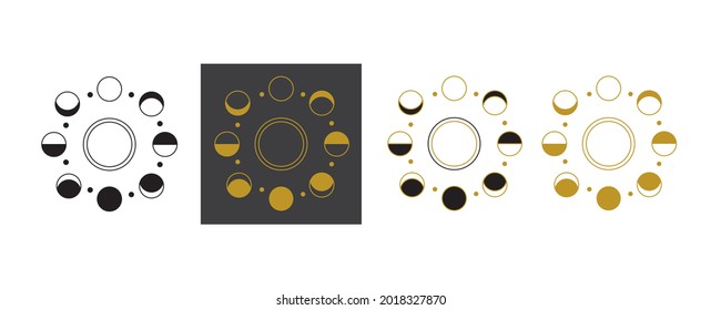 The Phases of the Moon enclosed in a Circle. The Crescent and Luna A set of celestial bodies on a black and white isolated background. Vector illustration for an icon or Lunar calendar