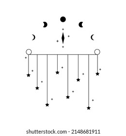 Phases of the moon with hanging star cosmos mystic magic boho black icon vector design.