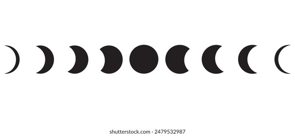 Phases of the Moon. Moon lunar cycle.  Moon phases icon circular set in black outline silhouette. Night space astronomy and nature moon phases sphere shadow. Vector illustration. 