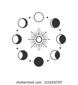 Phases of the moon with magical sun. Mystical symbol. Celestial object. Good for design of magic and spiritistic shops and goods, tattoos, design of clothes and stationery. Vector illustration.