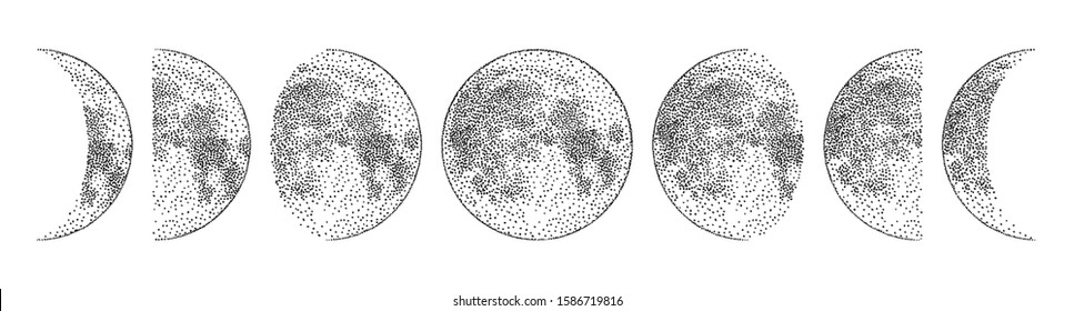 Phases of the moon, monochrome hand drawn vector illustration, isolated on white background