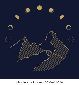 Phases of the Moon and mountain illustration. Flat simple line art illustration.  emblem, badge, logo for adventure, explorer, camping, moon.