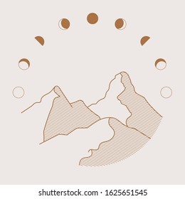 Phases of the Moon and mountain illustration. Flat simple line art illustration.  emblem, badge, logo for adventure, explorer, camping, moon.