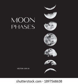 phases of the moon on a black background. vector realistic image. night sky and telescopic space