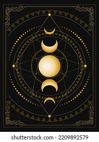 Phases of Moon and Sacred Geometry. Esoteric Medieval emblem isolated on Black Background.