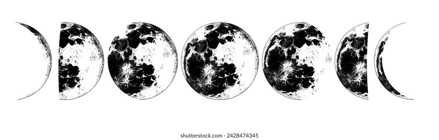 Las Fases de la Luna en el sistema solar. Astrología o espacio astronómico galáctico. Orbita o círculo. mano grabada dibujada en boceto antiguo, estilo vintage para etiqueta.