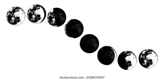 Las Fases de la Luna en el sistema solar. Astrología o espacio astronómico galáctico. Orbita o círculo. mano grabada dibujada en boceto antiguo, estilo vintage para etiqueta.