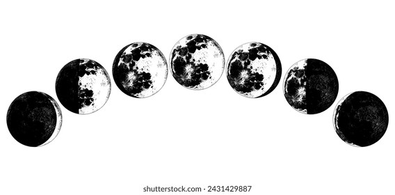 The Phases Of The Moon in the solar system. Astrology or astronomical galaxy space. Orbit or circle. engraved hand drawn in old sketch, vintage style for label.