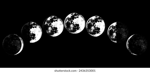 The Phases Of The Moon in the solar system. Astrology or astronomical galaxy space. Orbit or circle. engraved hand drawn in old sketch, vintage style for label.