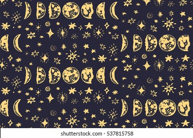 las fases de la luna y las estrellas en el patrón vectorial del cielo nocturno.