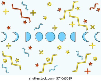 The phases of the moon in the style of Memphis. Geometric elements memphis in the style of 80's. Vector illustration