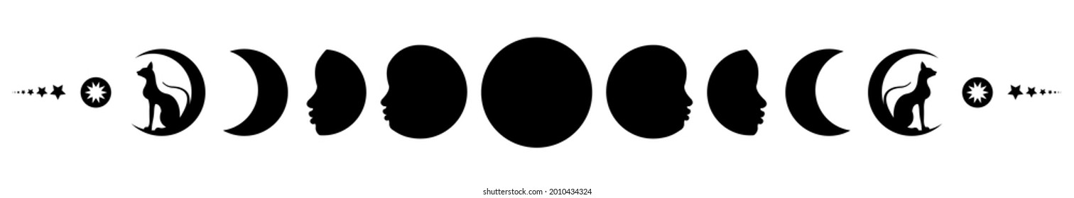 Phases of the moon. Triple moon and black cats, pagan Wiccan goddess symbol, full moon, waning, waxing, first quarter, gibbous, crescent, third quarter. Vector banner isolated on white background  svg