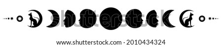 Phases of the moon. Triple moon and black cats, pagan Wiccan goddess symbol, full moon, waning, waxing, first quarter, gibbous, crescent, third quarter. Vector banner isolated on white background 