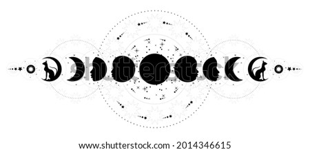 Phases of the moon. Triple moon and black cats, pagan Wiccan goddess symbol, full moon, waning, waxing, first quarter, gibbous, crescent, third quarter. Vector banner isolated on white background 