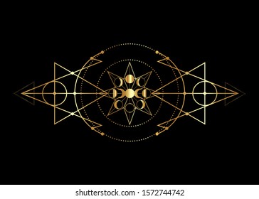 phases of the moon and triple moon. Golden Mystical drawing, energy circles, magic triangles. Gold Sacred geometry. Alchemy triangles, wicca, esoteric, occultism.  Vector isolated on black background 