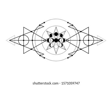 phases of the moon and triple moon. Mystical drawing, energy circles, magic triangles. Sacred geometry. Alchemy, wicca, esoteric, occultism. Monochrome Vector Illustration isolated on white background