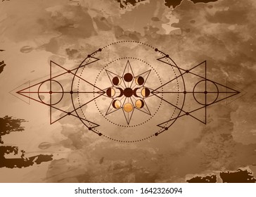 phases of the moon and triple moon. Mystical drawing, energy circles, magic triangles. Sacred geometry. Alchemy, wicca, esoteric, occultism. Monochrome Vector isolated on grunge old paper background