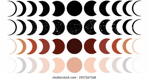 Phases of the Moon. Vector set illustration. The walls are decorated in Boho style, terracotta colors, pastel and black. Mid-century art print.