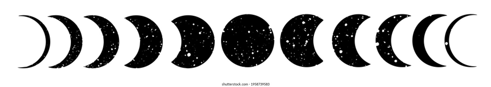 Phases of the Moon. Vector set illustration. Boho style wall decor, Black color and white texture on the moon. Mid-century art print.