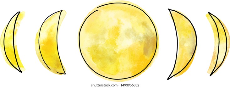 Phases of the moon, vector and watercolor drawing