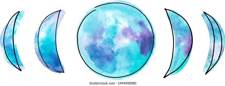 Phases of the moon, vector and watercolor drawing in teal blue