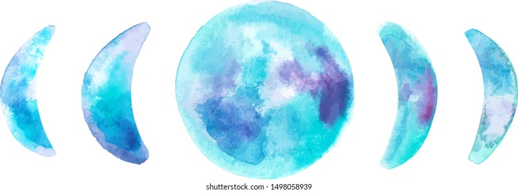Phases of the moon, vector and watercolor drawing with the stages of waxing, waning, and full moon in teal blue