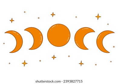 Fases de la luna, de la luna de cera, de la luna llena a la luna en declive. Estrellas por ahí. Dibujo gráfico aislado de vector colorido dibujado a mano. Ciclo astrológico de cambio