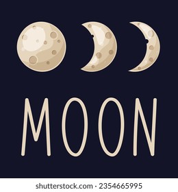 Fases de la luna, depilación o disminución de la media luna en un fondo oscuro. Eclipse lunar en etapas. Leer, la palabra MOON. ilustración del vector lunar en dibujos animados, de estilo plano.