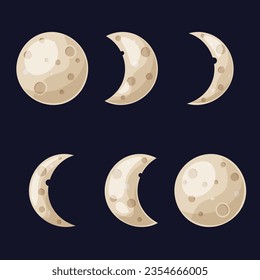 Phases of the moon, waxing or waning crescent on a dark background. Lunar eclipse in stages. vector illustration of the moon in cartoon, flat style.