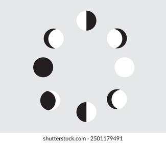 The phases of the moon. White and black vector illustration. Astrology, astronomy, illustration, vector, nature, new moon, last, first quarter, full, waxing, waning gibbous, crescent. secondary.  