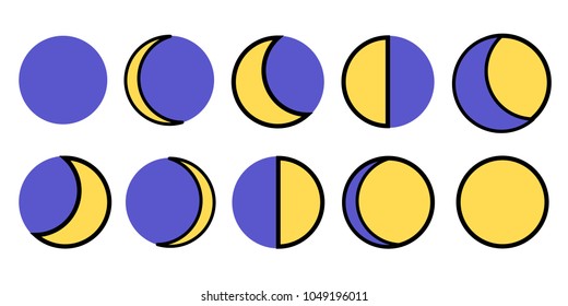 The phases of the moon. The whole cycle from new moon to full. Vector illustration EPS Flat
