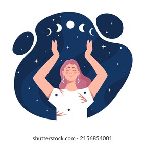 Phases of moon. Young girl looks at starry sky and months. Esotericism and mysticism, witchcraft and fantasy. Witch or fortune teller metaphor, galaxy and universe. Cartoon flat vector illustration