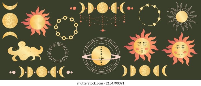 Phases of the moon,heavenly sun in set on dark background. Mystical sacred astrology with stars, cloud. Golden figures, elements in celestial bodies. Vector illustration. Moon phases and sun with face