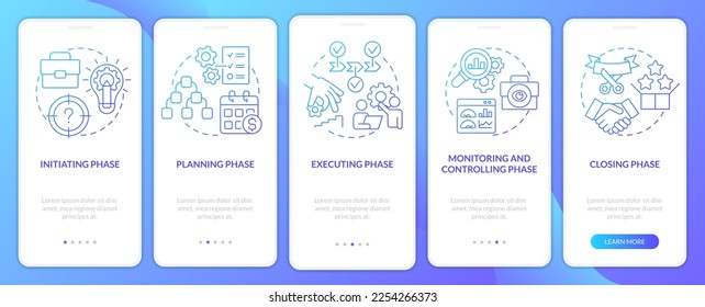 Phases of project management blue gradient onboarding mobile app screen. Walkthrough 5 steps graphic instructions with linear concepts. UI, UX, GUI template. Myriad Pro-Bold, Regular fonts used