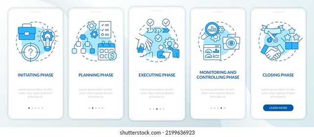 Phases of project management blue onboarding mobile app screen. Walkthrough 5 steps editable graphic instructions with linear concepts. UI, UX, GUI template. Myriad Pro-Bold, Regular fonts used