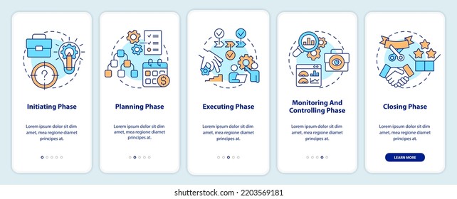 Phases of project management onboarding mobile app screen. Business walkthrough 5 steps editable graphic instructions with linear concepts. UI, UX, GUI template. Myriad Pro-Bold, Regular fonts used