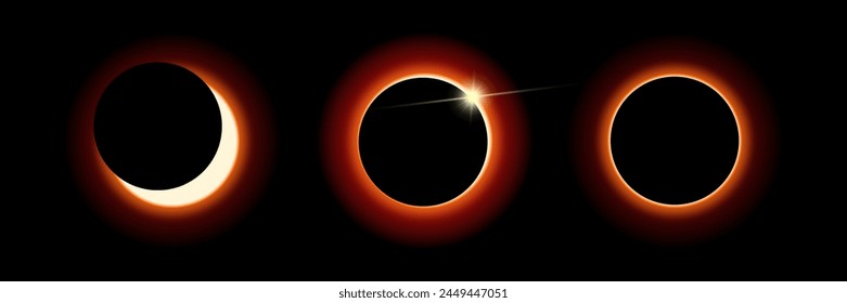 Phases of a solar eclipse. Bright sunshine. Vector.