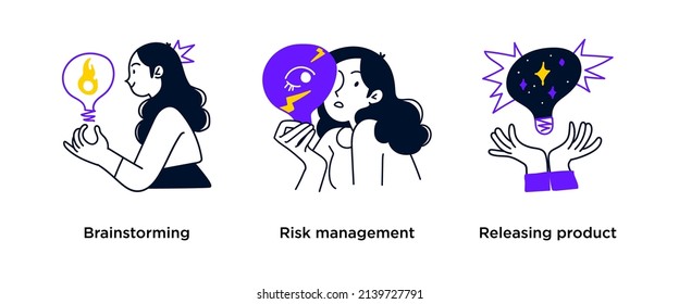 Phases of the Successful Startup Lifecycle:- set of business concept illustrations. Brainstorming, risk management, launching product. Visual stories collection