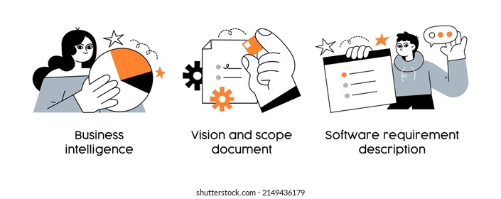 Phases of the Successful Startup Lifecycle:- set of business concept illustrations. Business intelligence, vision document, software requirement description. Visual stories collection